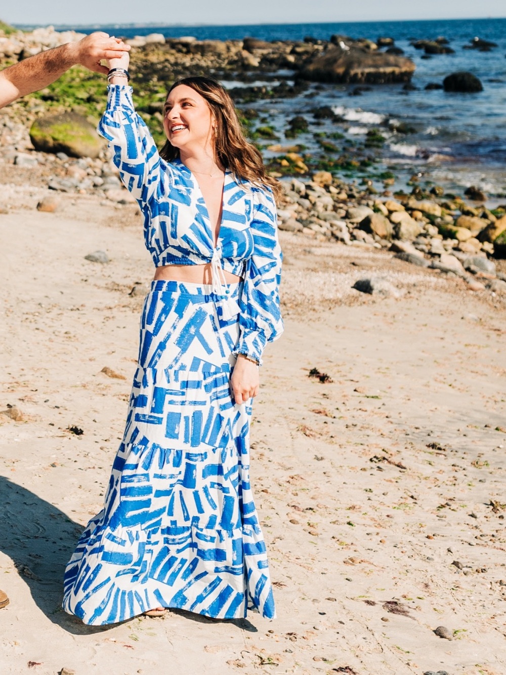 House of Harlow Blue & White Printed Two-Piece Maxi Set